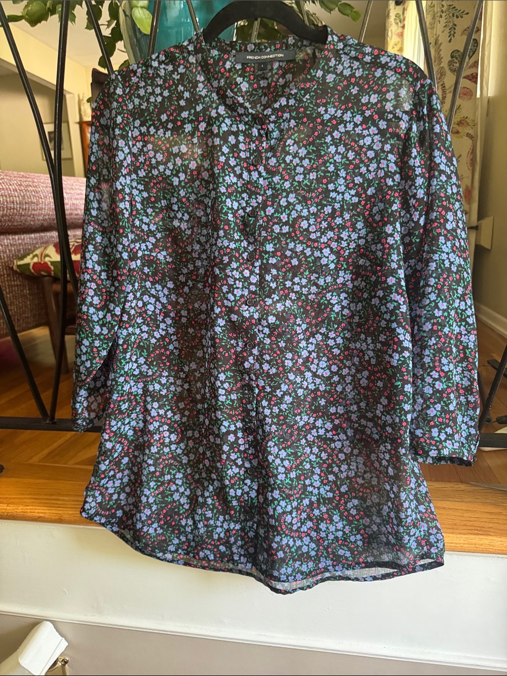 French Connection Sheer Black Floral Button-Up Blouse with Blue & Pink Flowers